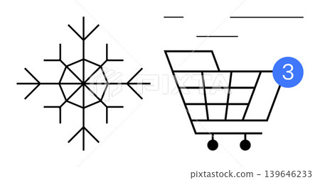 Winter e-commerce, seasonal sales, online shopping, holiday retail, gift purchasing, notification alerts. Snowflake beside a shopping cart with a notification badge. Winter e-commerce and seasonal 139646233