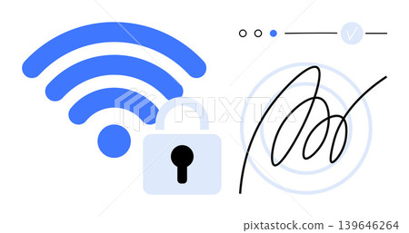 Cybersecurity, wireless access, electronic signature, data protection, secure authentication, technology. wireless signal, padlock digital signature. Cybersecurity and wireless access visually 139646264