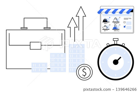 Business strategy, e-commerce, time management, financial planning, online shopping, productivity. A briefcase, bar chart coin stopwatch and e-commerce storefront. Business strategy and e-commerce 139646266