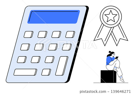 Education, achievement, finance, productivity, technology, remote learning. Large calculator with award ribbon and seated individual on phone. Achievement and education concept Education, achievement, finance, productivity, technology, remote learning. Large calculator with award ribbon and seated individual on phone. Achievement and education concept 139646271