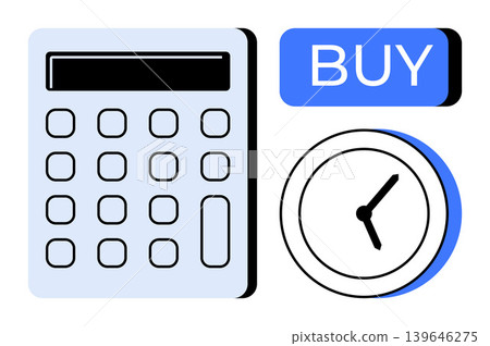 Financial planning, e-commerce, time management, efficiency, shopping, decision-making. Calculator, clock and buy button . Financial planning and e-commerce concepts Financial planning, e-commerce, time management, efficiency, shopping, decision-making. Calculator, clock and buy button . Financial planning and e-commerce concepts 139646275