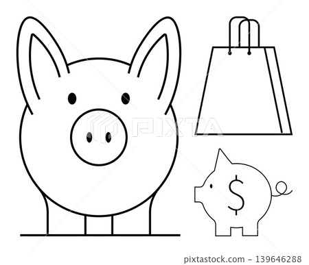 Financial planning, savings, shopping, budget management, retail spending, consumerism. Outline drawing of a piggy bank with a dollar symbol and a shopping bag. Savings and shopping concept Financial planning, savings, shopping, budget management, retail spending, consumerism. Outline drawing of a piggy bank with a dollar symbol and a shopping bag. Savings and shopping concept 139646288