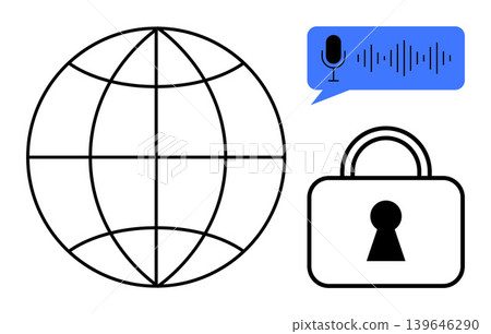 Data encryption, voice recognition security, online privacy, cybersecurity, cloud protection, global communication. A globe, speech bubble with waveform and lock icon. Data encryption and voice Data encryption, voice recognition security, online privacy, cybersecurity, cloud protection, global communication. A globe, speech bubble with waveform and lock icon. Data encryption and voice 139646290