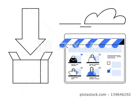 E-commerce, online shopping, home delivery, product packaging, retail, digital transactions. Shopping page interface with products, open box and arrow. E-commerce and online shopping concept E-commerce, online shopping, home delivery, product packaging, retail, digital transactions. Shopping page interface with products, open box and arrow. E-commerce and online shopping concept 139646292