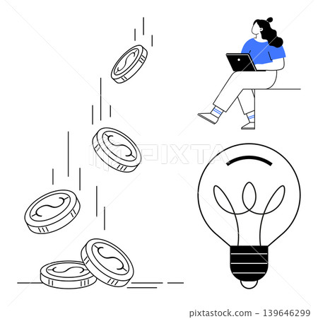 Financial success, digital work, innovation, online earnings, creative ideas, entrepreneurship. Falling coins, lightbulb person with laptop. Financial success and digital work visual concept Financial success, digital work, innovation, online earnings, creative ideas, entrepreneurship. Falling coins, lightbulb person with laptop. Financial success and digital work visual concept 139646299