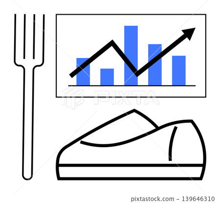 Health, fitness, growth, analytics, nutrition, active lifestyle. Graph with rising trend, shoe and fork. Health and fitness growth concept analytics and wellness Health, fitness, growth, analytics, nutrition, active lifestyle. Graph with rising trend, shoe and fork. Health and fitness growth concept analytics and wellness 139646310