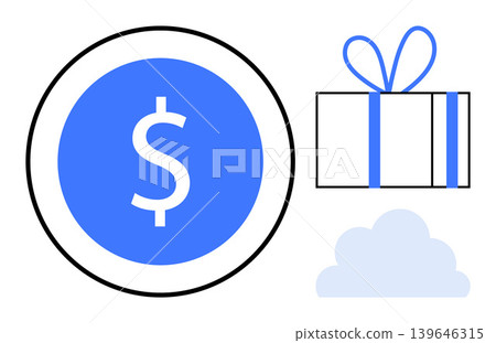 E-commerce, online rewards, financial transactions, gifting economy, cloud services, digital payments. A dollar sign in a circle, a wrapped gift box and a cloud. E-commerce and gifting economy E-commerce, online rewards, financial transactions, gifting economy, cloud services, digital payments. A dollar sign in a circle, a wrapped gift box and a cloud. E-commerce and gifting economy 139646315