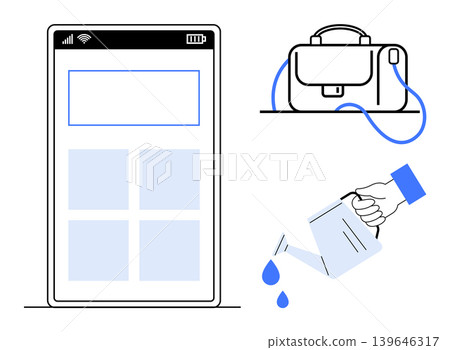 Business essentials, organization, digital tools, resource management, hydration, work-life concepts. Includes a smartphone layout, briefcase and hand pouring water. Digital tools and organization Business essentials, organization, digital tools, resource management, hydration, work-life concepts. Includes a smartphone layout, briefcase and hand pouring water. Digital tools and organization 139646317
