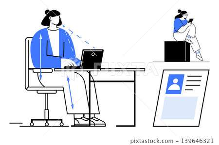 Remote work, digital communication, online identity, productivity, work-life balance, internet safety. Person at desk with laptop and someone using a phone. Remote work and digital communication Remote work, digital communication, online identity, productivity, work-life balance, internet safety. Person at desk with laptop and someone using a phone. Remote work and digital communication 139646321