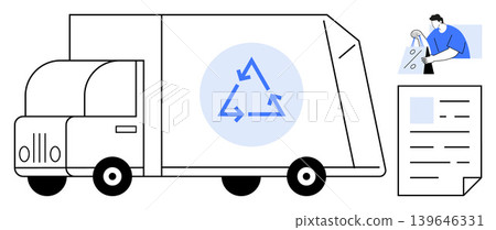 Environmental protection, sustainability, waste collection, eco-friendly practices, recycling education, policy management. Truck with a recycling symbol, sorting figure and document. Environmental Environmental protection, sustainability, waste collection, eco-friendly practices, recycling education, policy management. Truck with a recycling symbol, sorting figure and document. Environmental 139646331