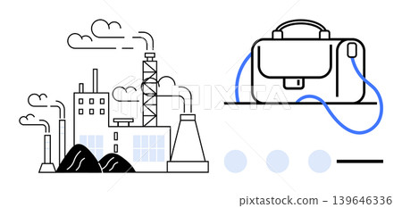 Pollution, industry, energy production, work, business, environment. Industrial factory emitting smoke with coal piles. Business bag next to abstract design elements. Pollution and industry concept Pollution, industry, energy production, work, business, environment. Industrial factory emitting smoke with coal piles. Business bag next to abstract design elements. Pollution and industry concept 139646336