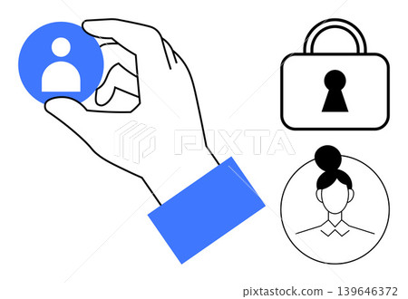 Identity verification, data privacy, user security, personal information safety, authentication, online protection. Hand holding user icon, lock female profile. Identity verification and data Identity verification, data privacy, user security, personal information safety, authentication, online protection. Hand holding user icon, lock female profile. Identity verification and data 139646372