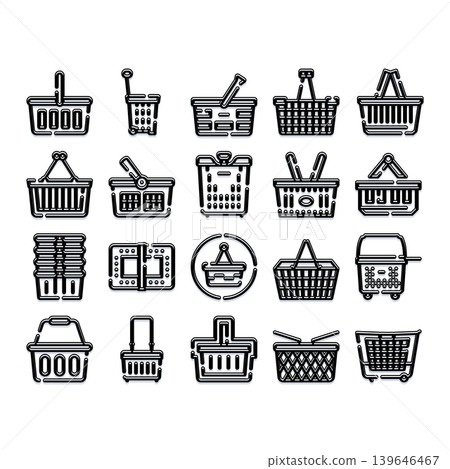Shopping baskets and trolleys collection icon set Shopping baskets and trolleys collection icon set 139646467