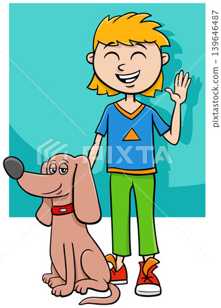happy cartoon boy character with his pet dog happy cartoon boy character with his pet dog 139646487