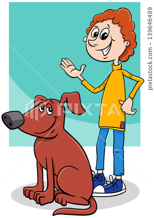 happy cartoon teen boy character with his brown dog happy cartoon teen boy character with his brown dog 139646489