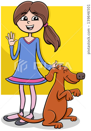 cute cartoon teen girl with funny dog character cute cartoon teen girl with funny dog character 139646501