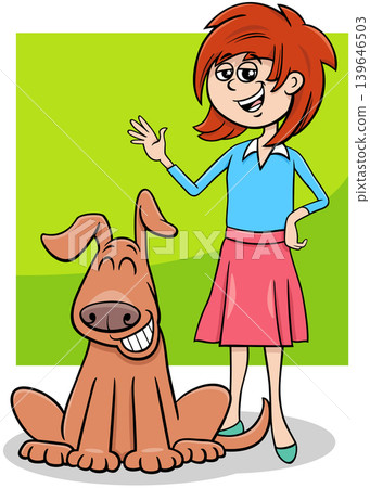 cartoon teen girl with funny brown dog character cartoon teen girl with funny brown dog character 139646503