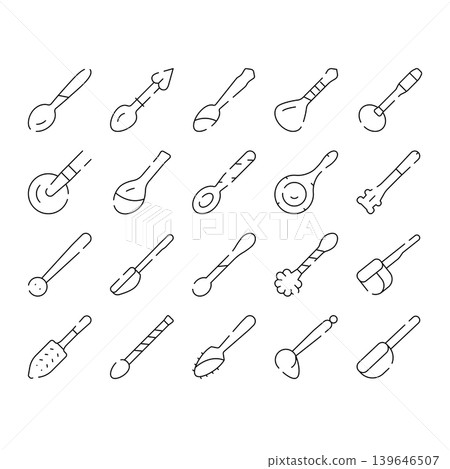 Utensils collection set line icons displaying various spoons Utensils collection set line icons displaying various spoons 139646507