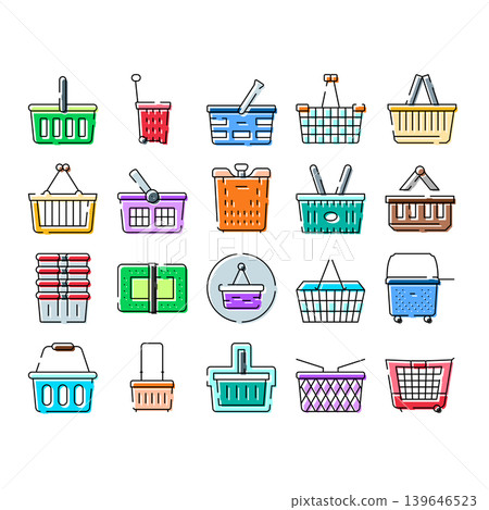 Shopping baskets and carts commerce market icons set Shopping baskets and carts commerce market icons set 139646523