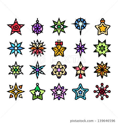 Christmas holiday stars and snowflake decorations icon set Christmas holiday stars and snowflake decorations icon set 139646596