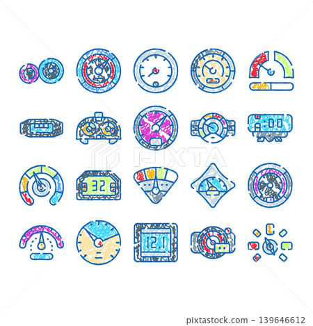 Dashboard gauges and car meters scribble icons set Dashboard gauges and car meters scribble icons set 139646612