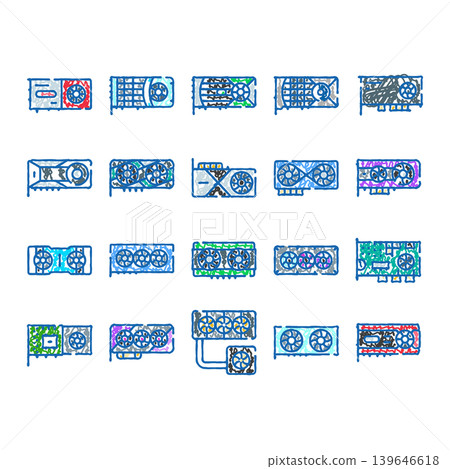 Graphics processing unit hardware doodle icon set Graphics processing unit hardware doodle icon set 139646618