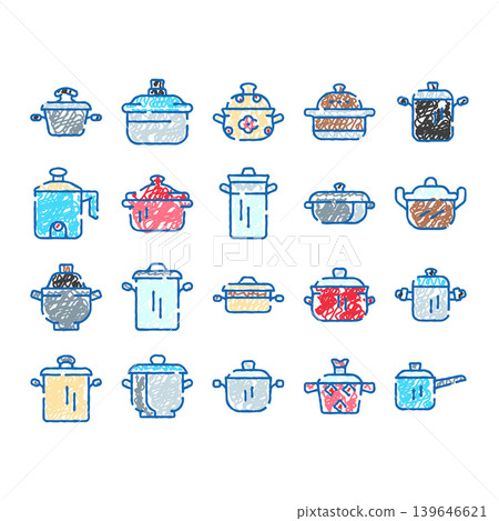 Cooking pots and pans kitchenware doodle icons Cooking pots and pans kitchenware doodle icons 139646621