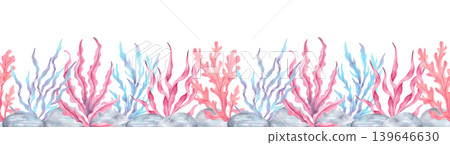 Seamless banner with colorful seaweed and rocks. Botanical illustration done in watercolor. Hand drawn. Natural forms of marine flora. Tourist border, children design, underwater theme, tourism. Seamless banner with colorful seaweed and rocks. Botanical illustration done in watercolor. Hand drawn. Natural forms of marine flora. Tourist border, children design, underwater theme, tourism. 139646630