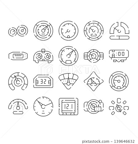 Various gauges and meters measuring speed and data Various gauges and meters measuring speed and data 139646632
