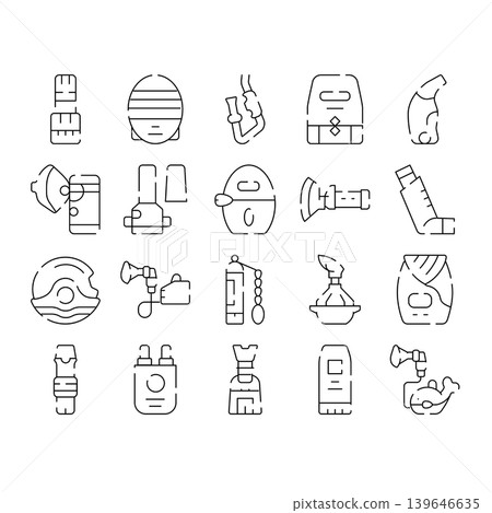 Medical breathing equipment and inhaler line icons Medical breathing equipment and inhaler line icons 139646635