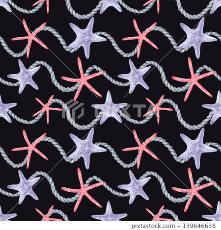 Seamless pattern with a starfish and rope. Jute rope with an underwater animal. Summer Mediterranean style. Hand drawn art. Background for childrens products, textiles, fabrics and nautical design. Seamless pattern with a starfish and rope. Jute rope with an underwater animal. Summer Mediterranean style. Hand drawn art. Background for childrens products, textiles, fabrics and nautical design. 139646638