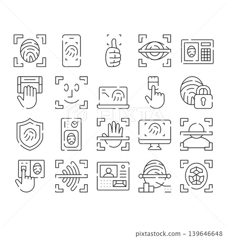 Biometric identification and security system line icons Biometric identification and security system line icons 139646648