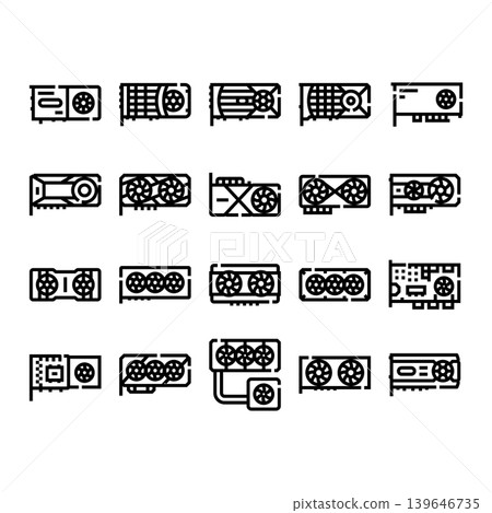 Computer graphics card hardware line art icons set Computer graphics card hardware line art icons set 139646735