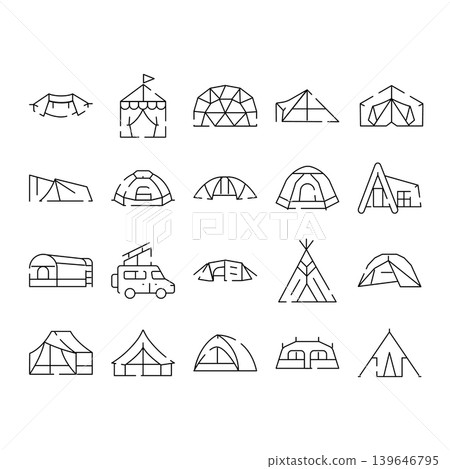 Outline set of various camping tent shelters and dome designs 139646795