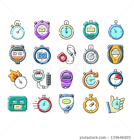 Stopwatch timer icons measuring time and speed Stopwatch timer icons measuring time and speed 139646805