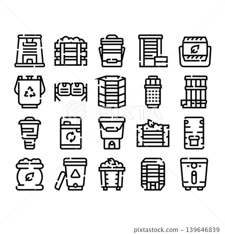Compost bin line icons collecting organic waste Compost bin line icons collecting organic waste 139646839
