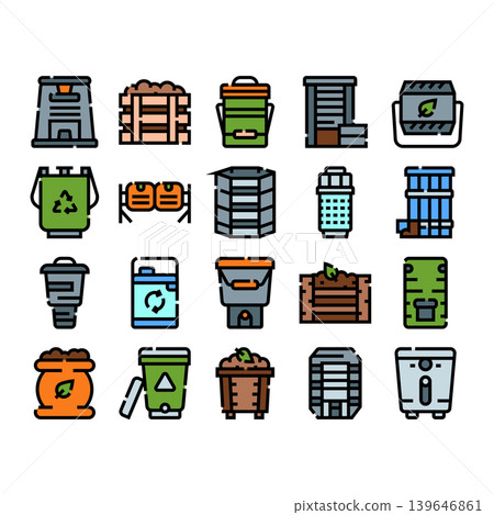 Composting equipment and organic waste management icons Composting equipment and organic waste management icons 139646861
