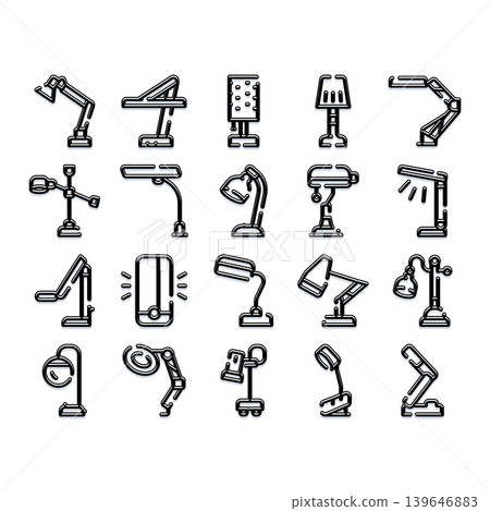 Office desk lamps illuminating workspace flat line icons Office desk lamps illuminating workspace flat line icons 139646883