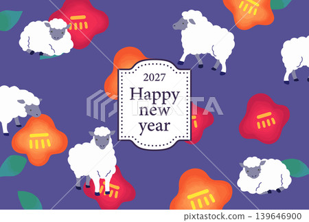 2027 年新年賀卡(橫版):一隻綿羊和一朵山茶花的可愛插圖。 2027 年新年賀卡(橫版):一隻綿羊和一朵山茶花的可愛插圖。 139646900