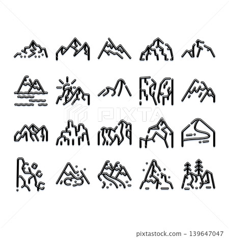 Mountain peaks and landscapes outline icons collection Mountain peaks and landscapes outline icons collection 139647047