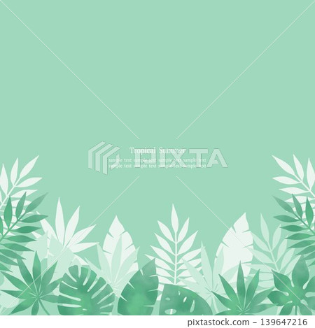 水彩風格的熱帶樹葉邊框,綠色背景,正方形。 水彩風格的熱帶樹葉邊框,綠色背景,正方形。 139647216