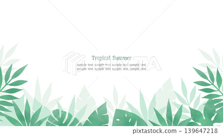 Watercolor-style tropical leaf frame, white background, landscape 16:9 aspect ratio 139647218