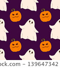 Halloween seamless pattern with cute ghosts and scary pumpkins on dark purple background. Minimal flat vector illustration. Spooky autumn texture for fabric, wrapping paper and seasonal design 139647342