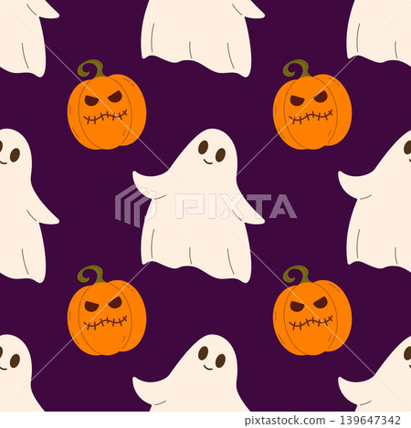 Halloween seamless pattern with cute ghosts and scary pumpkins on dark purple background. Minimal flat vector illustration. Spooky autumn texture for fabric, wrapping paper and seasonal design Halloween seamless pattern with cute ghosts and scary pumpkins on dark purple background. Minimal flat vector illustration. Spooky autumn texture for fabric, wrapping paper and seasonal design 139647342