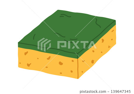 Kitchen sponge minimal flat vector illustration isolated on white background. Simple green and yellow cleaning sponge for household, dishwashing and home cleaning concepts 139647345