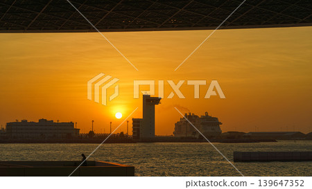 Abu Dhabi, United Arab Emirates - Jan 17 2024, Panoramic view of Abu Dhabi port with moored cruise ship MSC Viruosa, from the Louvre Abu Dhabi, at sunset, Abu Dhabi, United Arab Emirates Abu Dhabi, United Arab Emirates - Jan 17 2024, Panoramic view of Abu Dhabi port with moored cruise ship MSC Viruosa, from the Louvre Abu Dhabi, at sunset, Abu Dhabi, United Arab Emirates 139647352