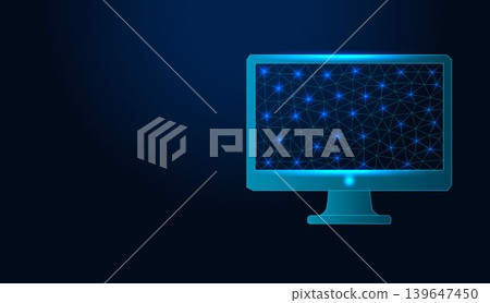 Low poly wireframe computer monitor on dark blue background. 139647450