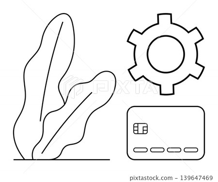 Technology, finance, workplace automation, system integration, sustainability, ecommerce. Minimalistic credit card, gear symbol and leaf. Finance and system integration 139647469