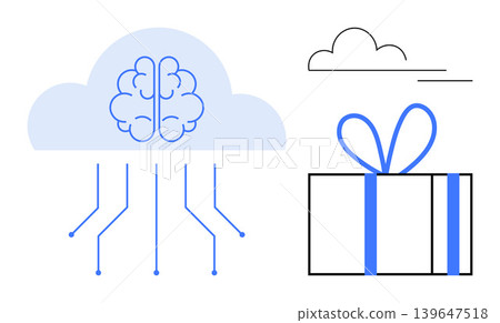 Artificial intelligence, cloud technology, innovation solutions, digital transformation, data sharing, gift ideas. Brain connected to a cloud, gift box beside it. Artificial intelligence and cloud 139647518