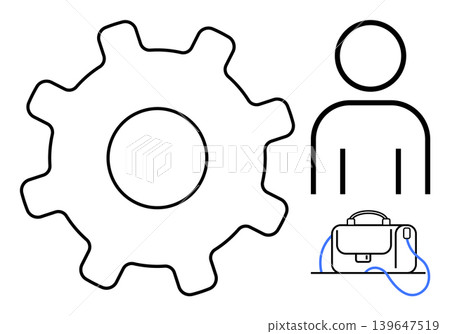 Productivity, workforce, business tools, career planning, teamwork, job management. Minimalistic gear icon, abstract person outline and a briefcase. Productivity and workforce-focused business Productivity, workforce, business tools, career planning, teamwork, job management. Minimalistic gear icon, abstract person outline and a briefcase. Productivity and workforce-focused business 139647519
